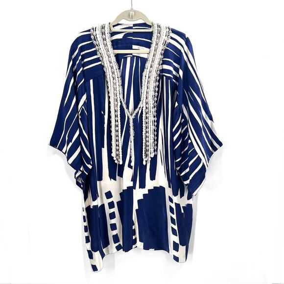 Vintage Handmade OOAK Blue White Silk Embellished V-Neck Kimono Tunic - Picture 1 of 7